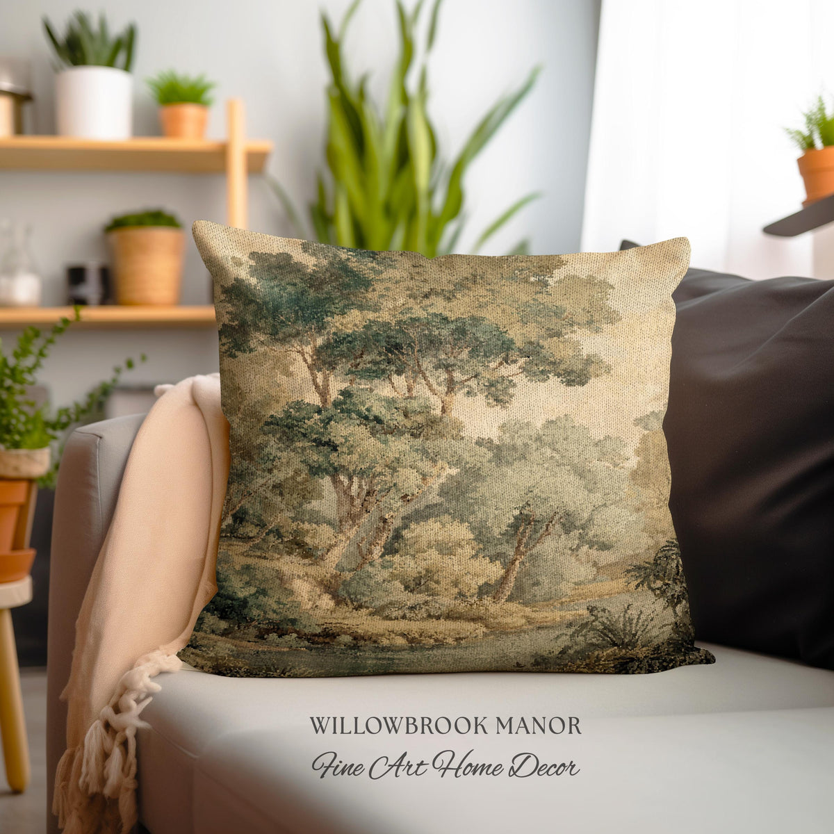 Serene Nature Scene Woven Tapestry Cushion European Textile Art Pillow | Misty Woodland Elegant Earth Tones Forest Heritage Cozy Home Decor