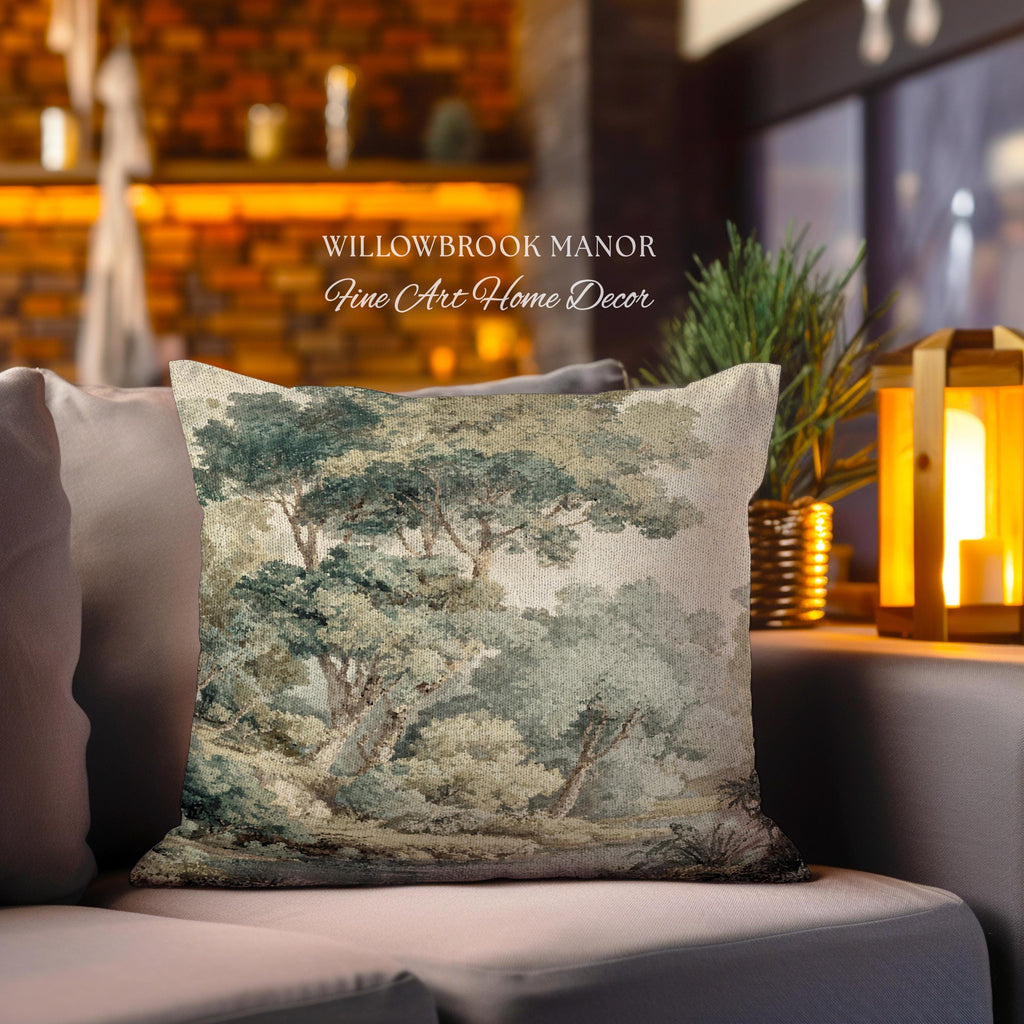 Serene Nature Scene Woven Tapestry Cushion European Textile Art Pillow | Misty Woodland Elegant Earth Tones Forest Heritage Cozy Home Decor