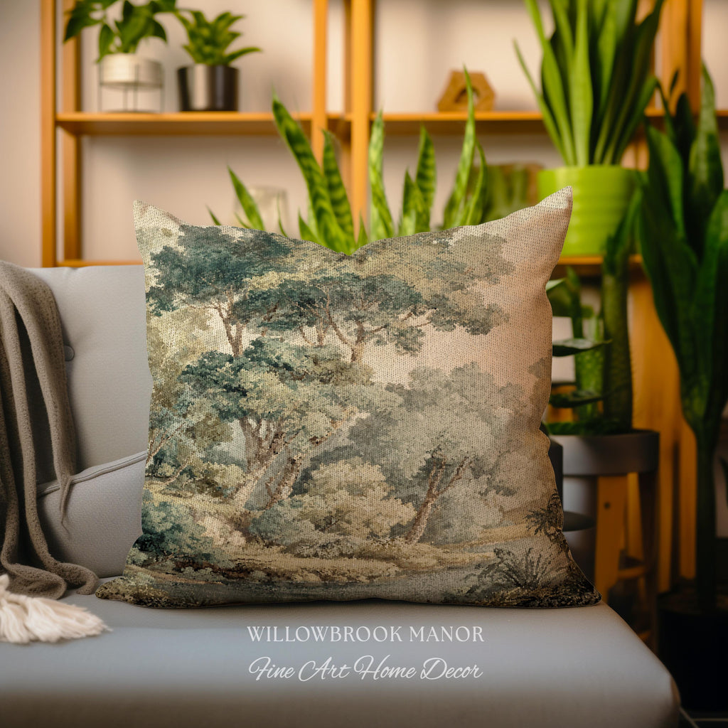 Serene Nature Scene Woven Tapestry Cushion European Textile Art Pillow | Misty Woodland Elegant Earth Tones Forest Heritage Cozy Home Decor