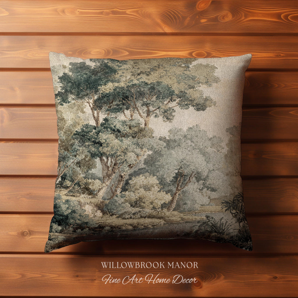 Serene Nature Scene Woven Tapestry Cushion European Textile Art Pillow | Misty Woodland Elegant Earth Tones Forest Heritage Cozy Home Decor