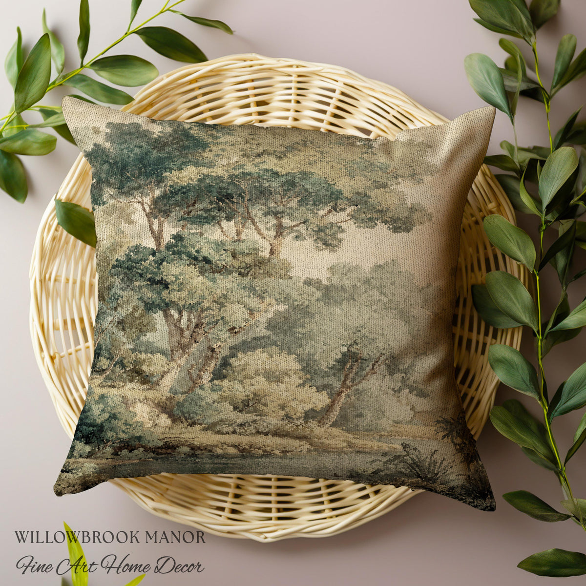 Serene Nature Scene Woven Tapestry Cushion European Textile Art Pillow | Misty Woodland Elegant Earth Tones Forest Heritage Cozy Home Decor
