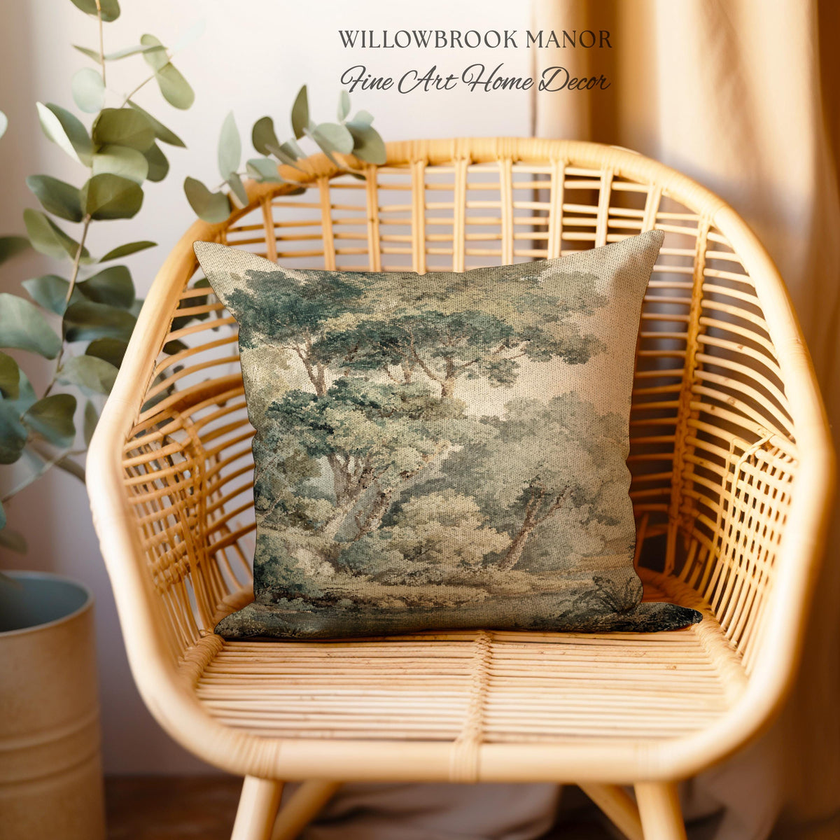 Serene Nature Scene Woven Tapestry Cushion European Textile Art Pillow | Misty Woodland Elegant Earth Tones Forest Heritage Cozy Home Decor