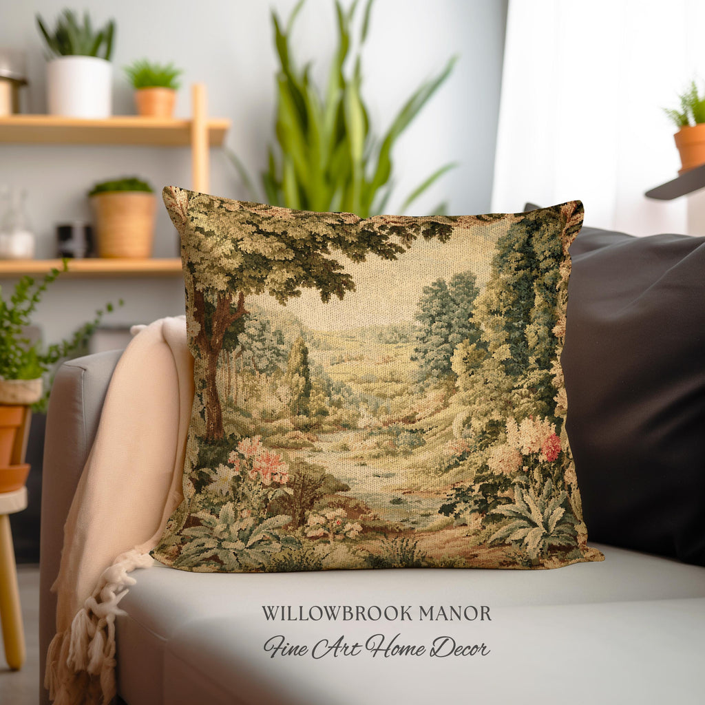 Floral Landscape French Verdure Aubusson Tapestry Pillow, Old World European Country Manor Art Mountain Meadow Riverbank Scene Woven Cushion