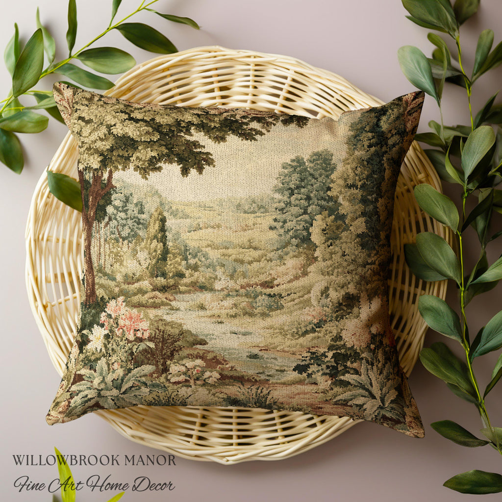 Floral Landscape French Verdure Aubusson Tapestry Pillow, Old World European Country Manor Art Mountain Meadow Riverbank Scene Woven Cushion