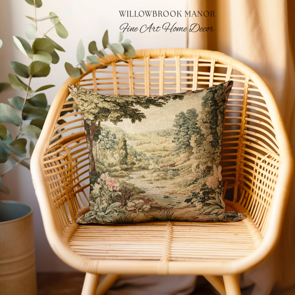 Floral Landscape French Verdure Aubusson Tapestry Pillow, Old World European Country Manor Art Mountain Meadow Riverbank Scene Woven Cushion