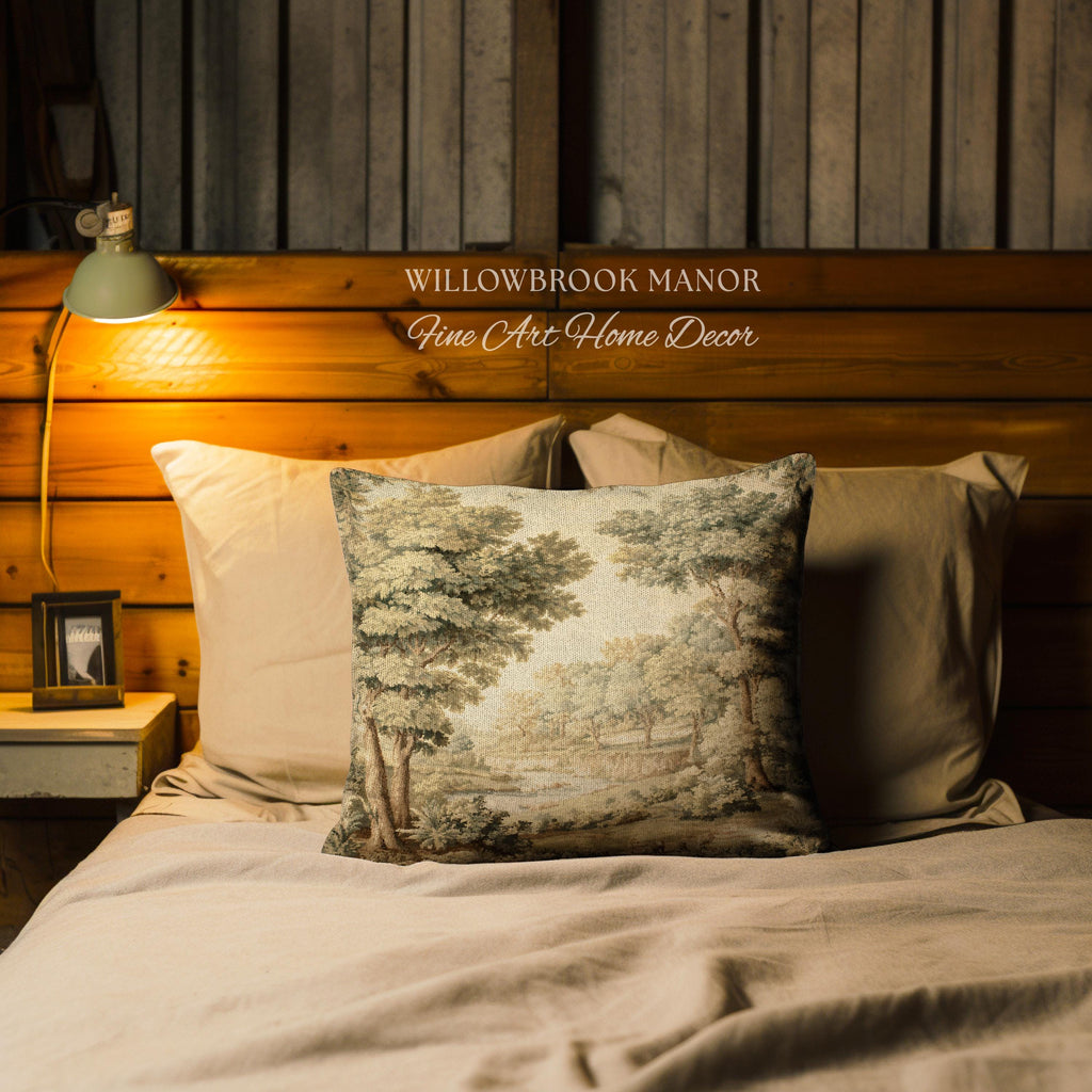 Classic Old World Countryside Riverbank Tapestry Pillow Neutral Landscape Cushion | Elegant Nature Woodland Woven Decorative Accent Decor