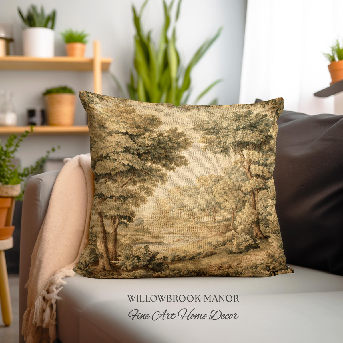 Classic Old World Countryside Riverbank Tapestry Pillow Neutral Landscape Cushion | Elegant Nature Woodland Woven Decorative Accent Decor
