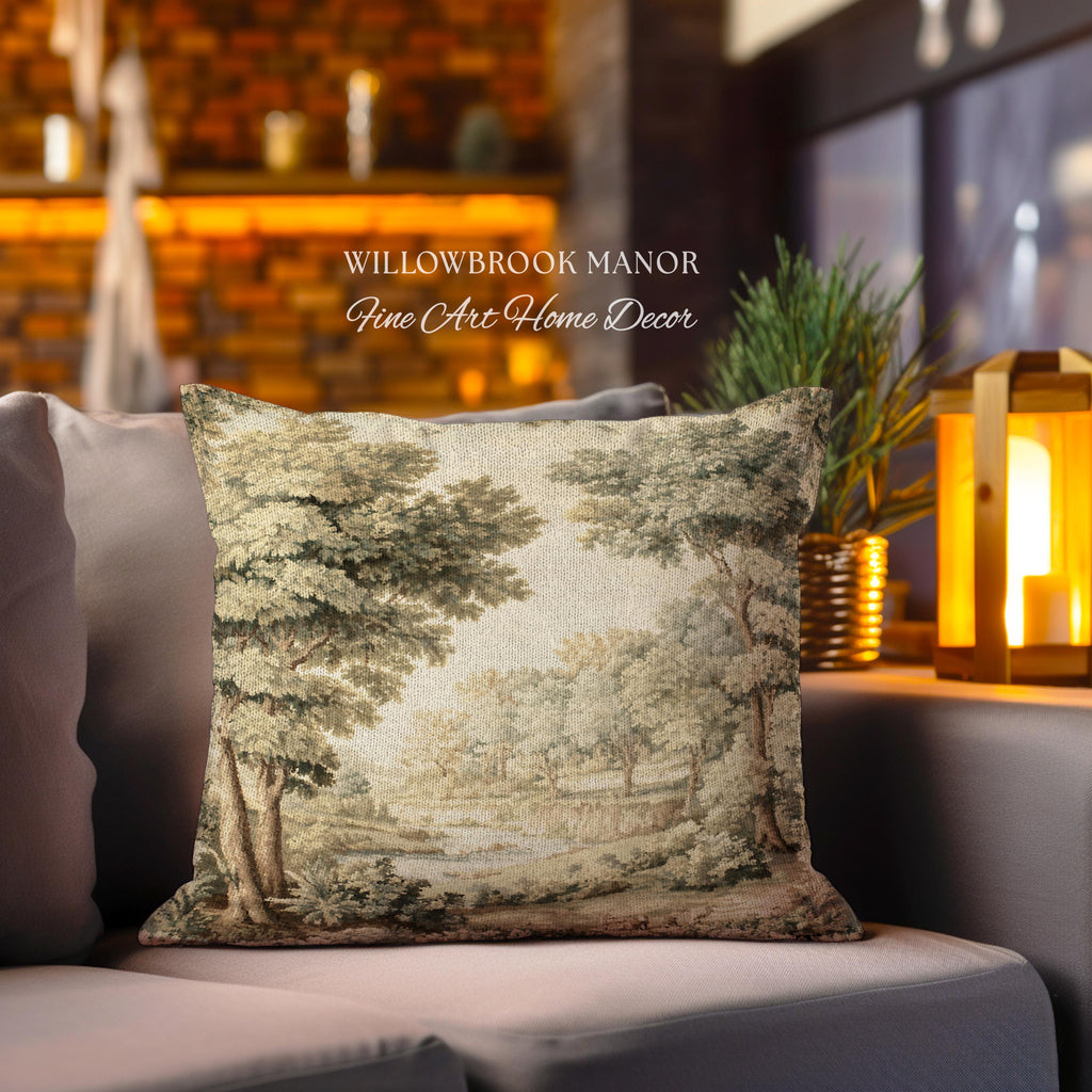 Classic Old World Countryside Riverbank Tapestry Pillow Neutral Landscape Cushion | Elegant Nature Woodland Woven Decorative Accent Decor