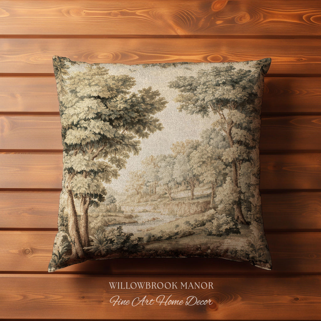 Classic Old World Countryside Riverbank Tapestry Pillow Neutral Landscape Cushion | Elegant Nature Woodland Woven Decorative Accent Decor