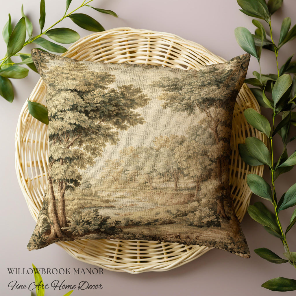 Classic Old World Countryside Riverbank Tapestry Pillow Neutral Landscape Cushion | Elegant Nature Woodland Woven Decorative Accent Decor