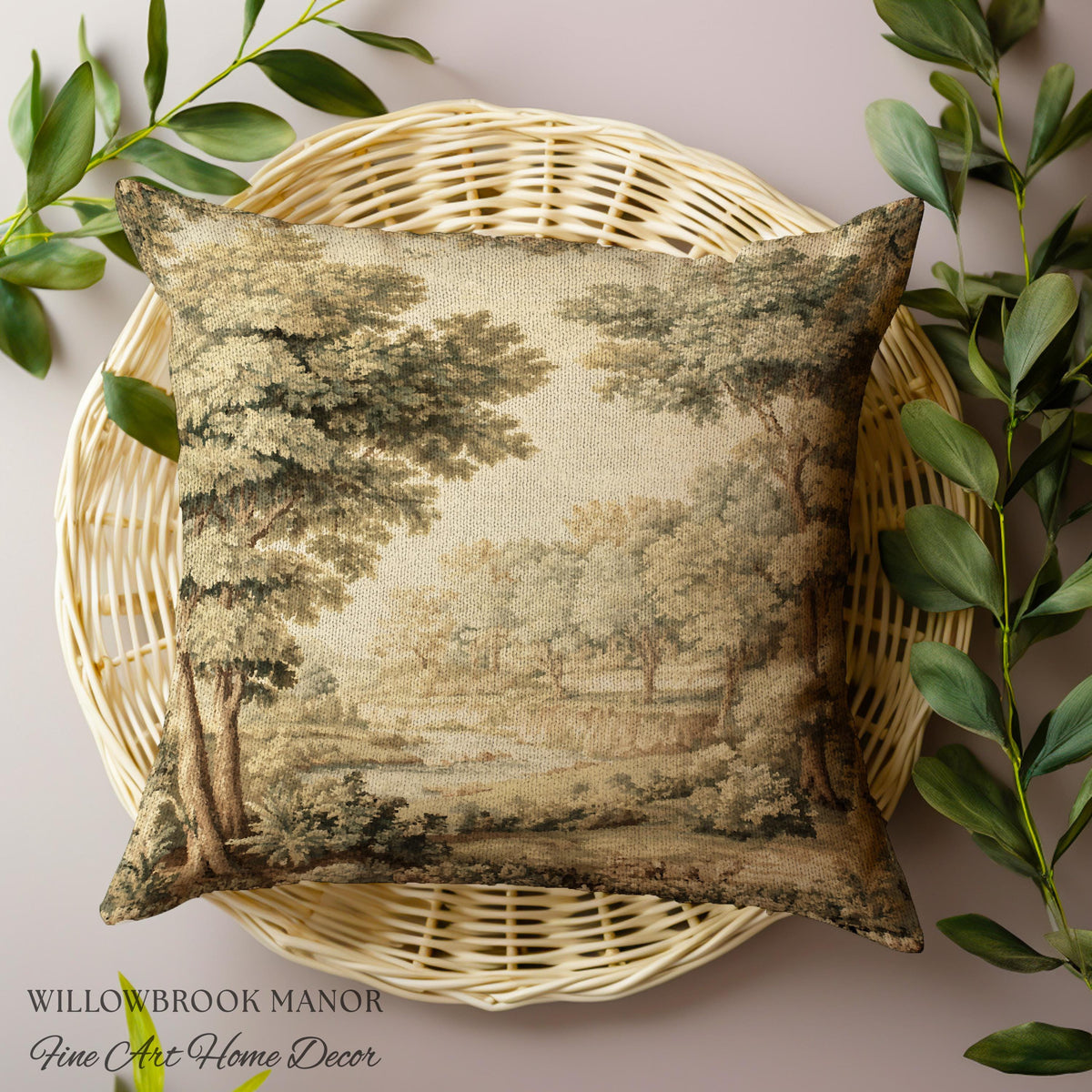 Classic Old World Countryside Riverbank Tapestry Pillow Neutral Landscape Cushion | Elegant Nature Woodland Woven Decorative Accent Decor