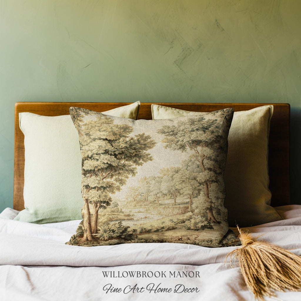 Classic Old World Countryside Riverbank Tapestry Pillow Neutral Landscape Cushion | Elegant Nature Woodland Woven Decorative Accent Decor
