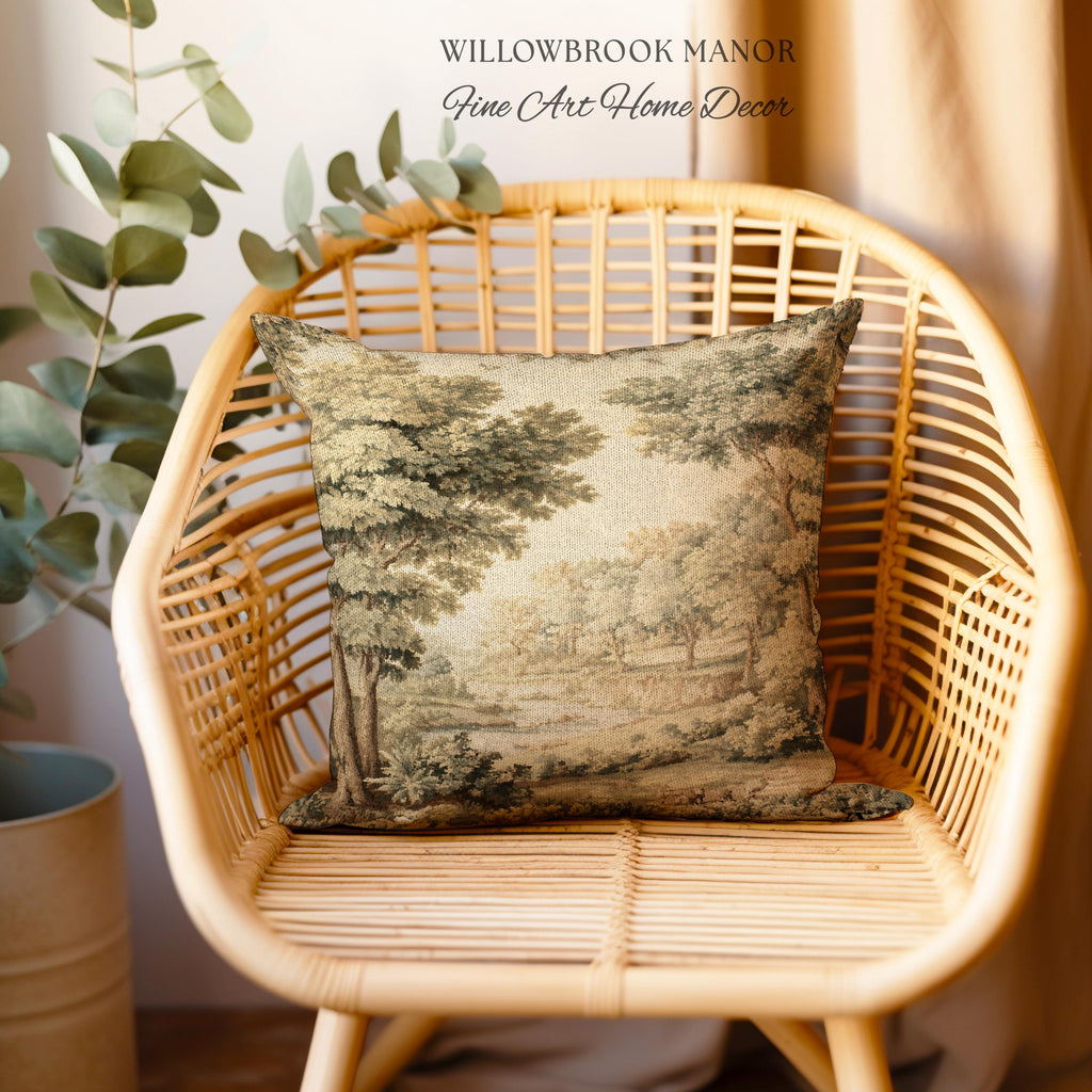 Classic Old World Countryside Riverbank Tapestry Pillow Neutral Landscape Cushion | Elegant Nature Woodland Woven Decorative Accent Decor