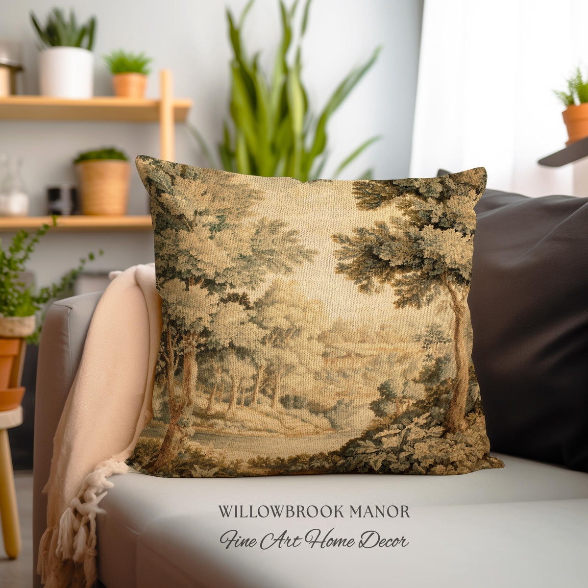 Soft Nature Tapestry Pillow Pastoral Woven Cushion Riverbank Scene 18th Century Decor | Muted Green Landscape Scenic Verdure Art Home Accent