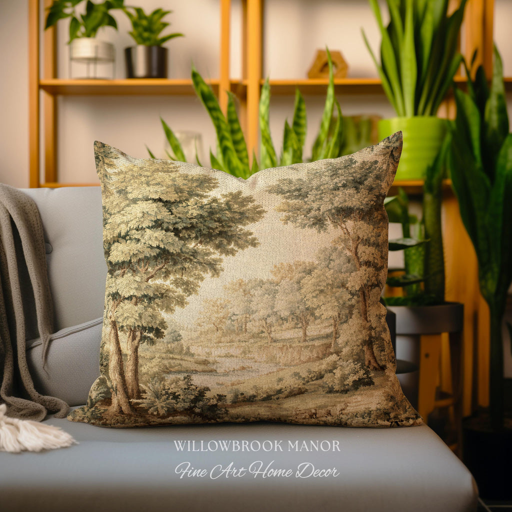 Classic Old World Countryside Riverbank Tapestry Pillow Neutral Landscape Cushion | Elegant Nature Woodland Woven Decorative Accent Decor