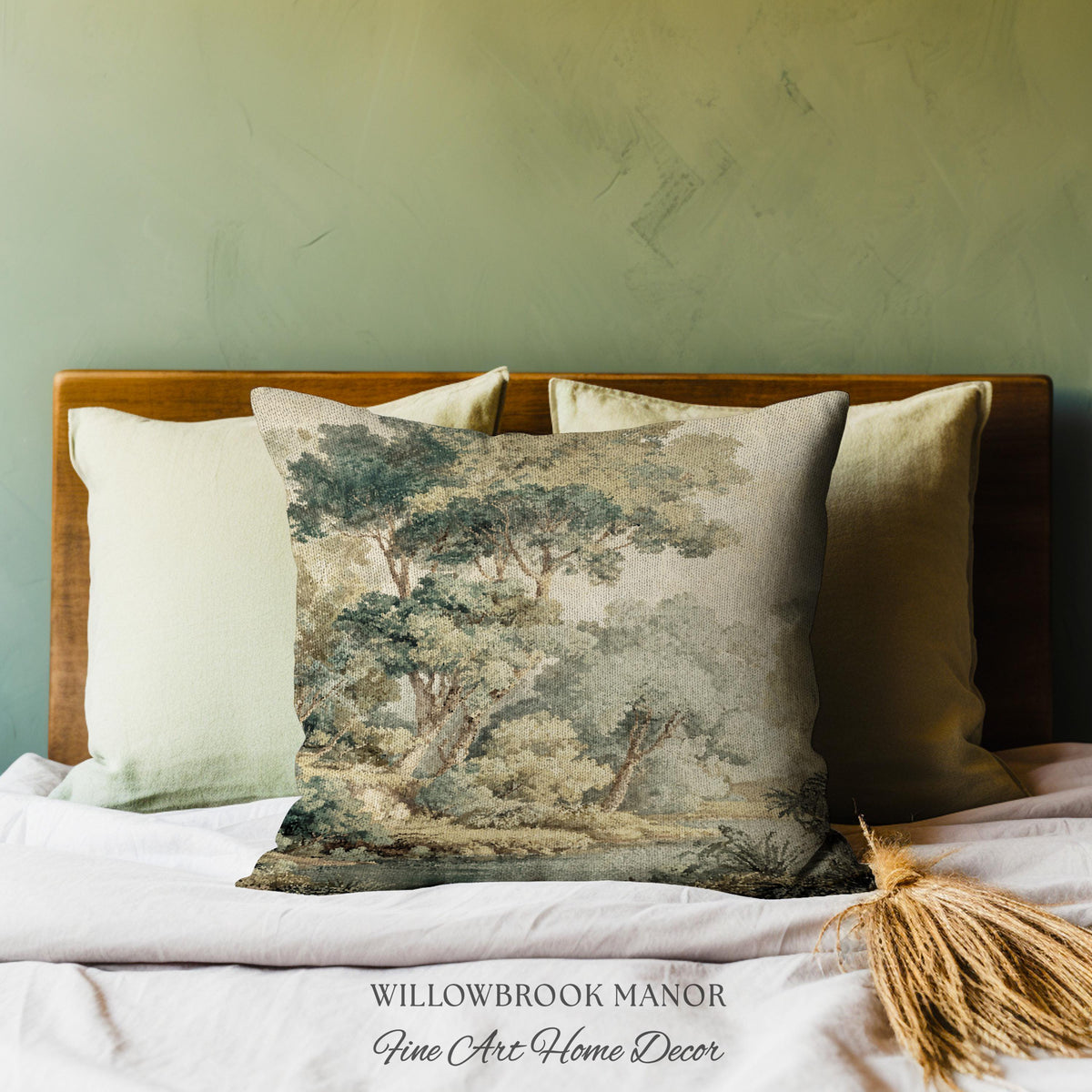 Serene Nature Scene Woven Tapestry Cushion European Textile Art Pillow | Misty Woodland Elegant Earth Tones Forest Heritage Cozy Home Decor