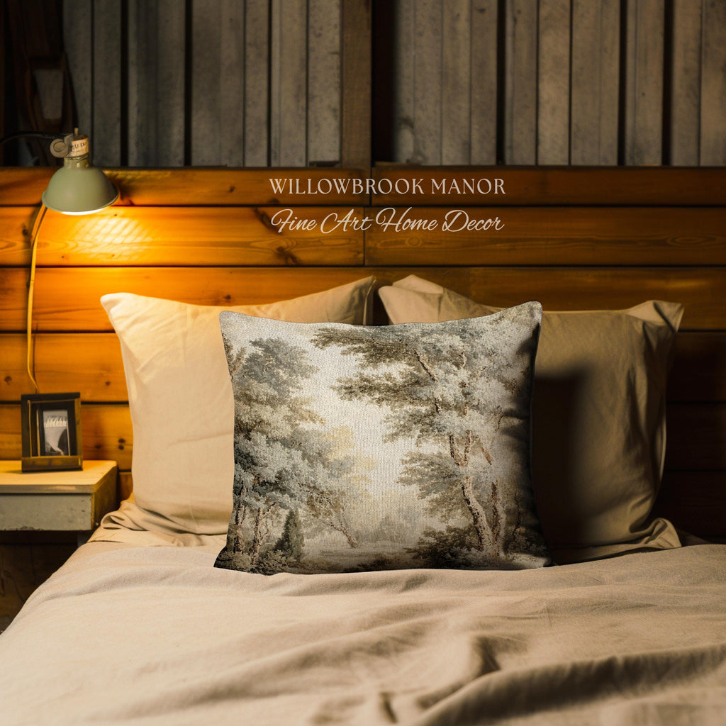 Old World Style Misty Woodland Decor Woven Tapestry Pillow | English Countryside Cushion Peaceful Nature Neutral Forest Art Elegant Accent