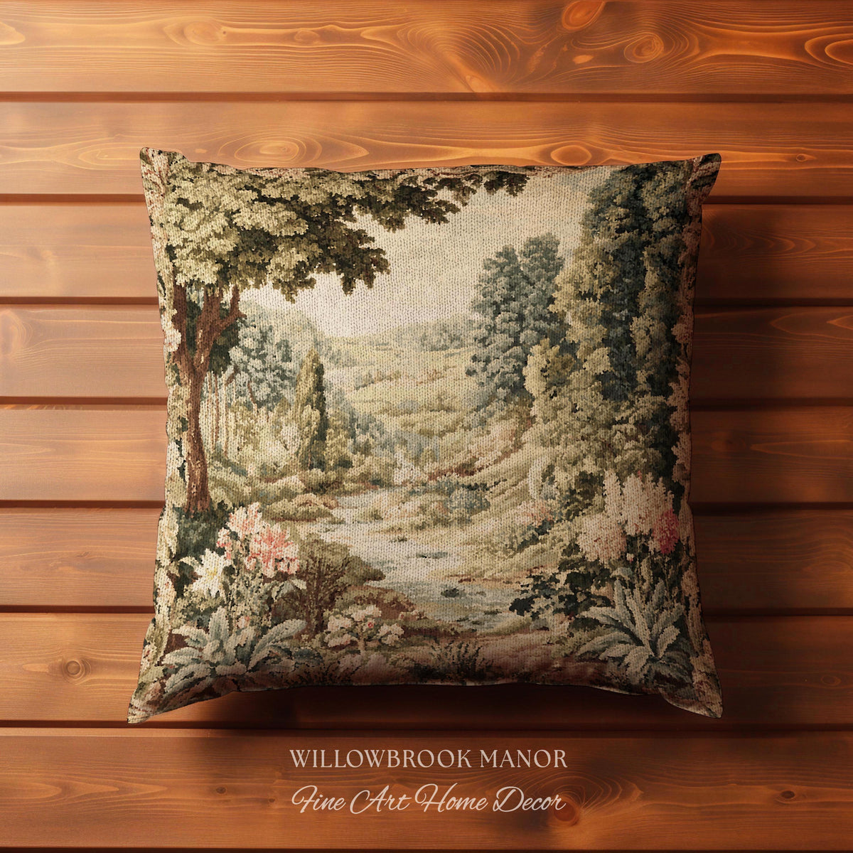 Floral Landscape French Verdure Aubusson Tapestry Pillow, Old World European Country Manor Art Mountain Meadow Riverbank Scene Woven Cushion