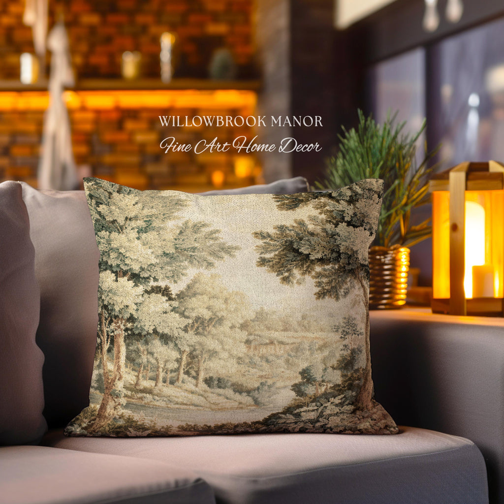 Soft Nature Tapestry Pillow Pastoral Woven Cushion Riverbank Scene 18th Century Decor | Muted Green Landscape Scenic Verdure Art Home Accent