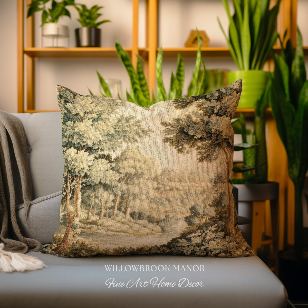 Soft Nature Tapestry Pillow Pastoral Woven Cushion Riverbank Scene 18th Century Decor | Muted Green Landscape Scenic Verdure Art Home Accent