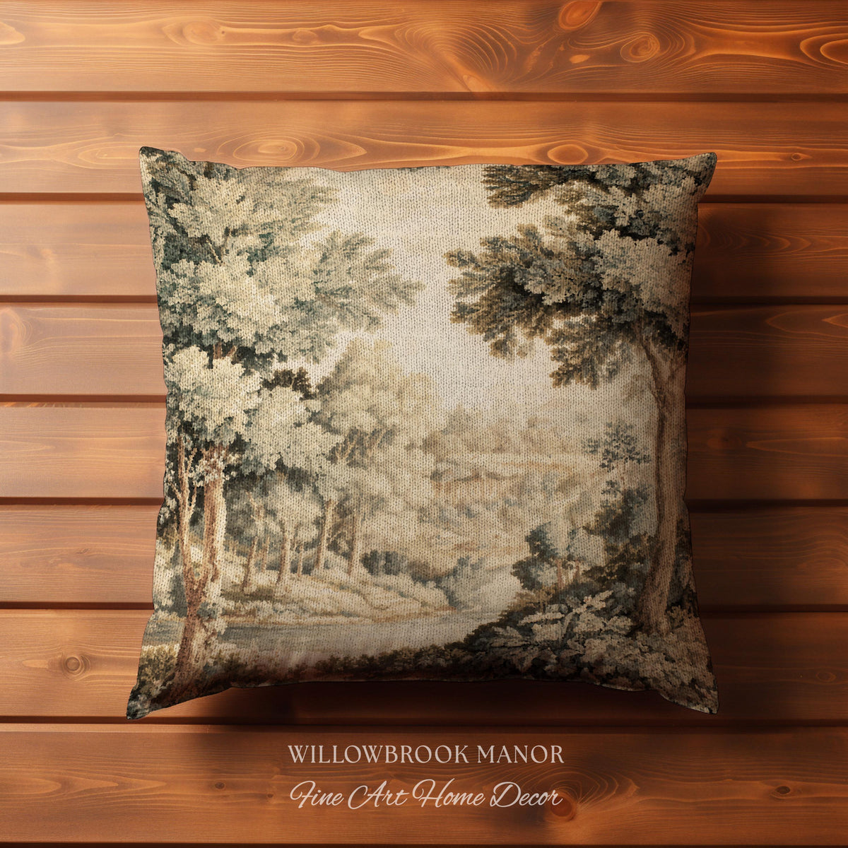 Soft Nature Tapestry Pillow Pastoral Woven Cushion Riverbank Scene 18th Century Decor | Muted Green Landscape Scenic Verdure Art Home Accent