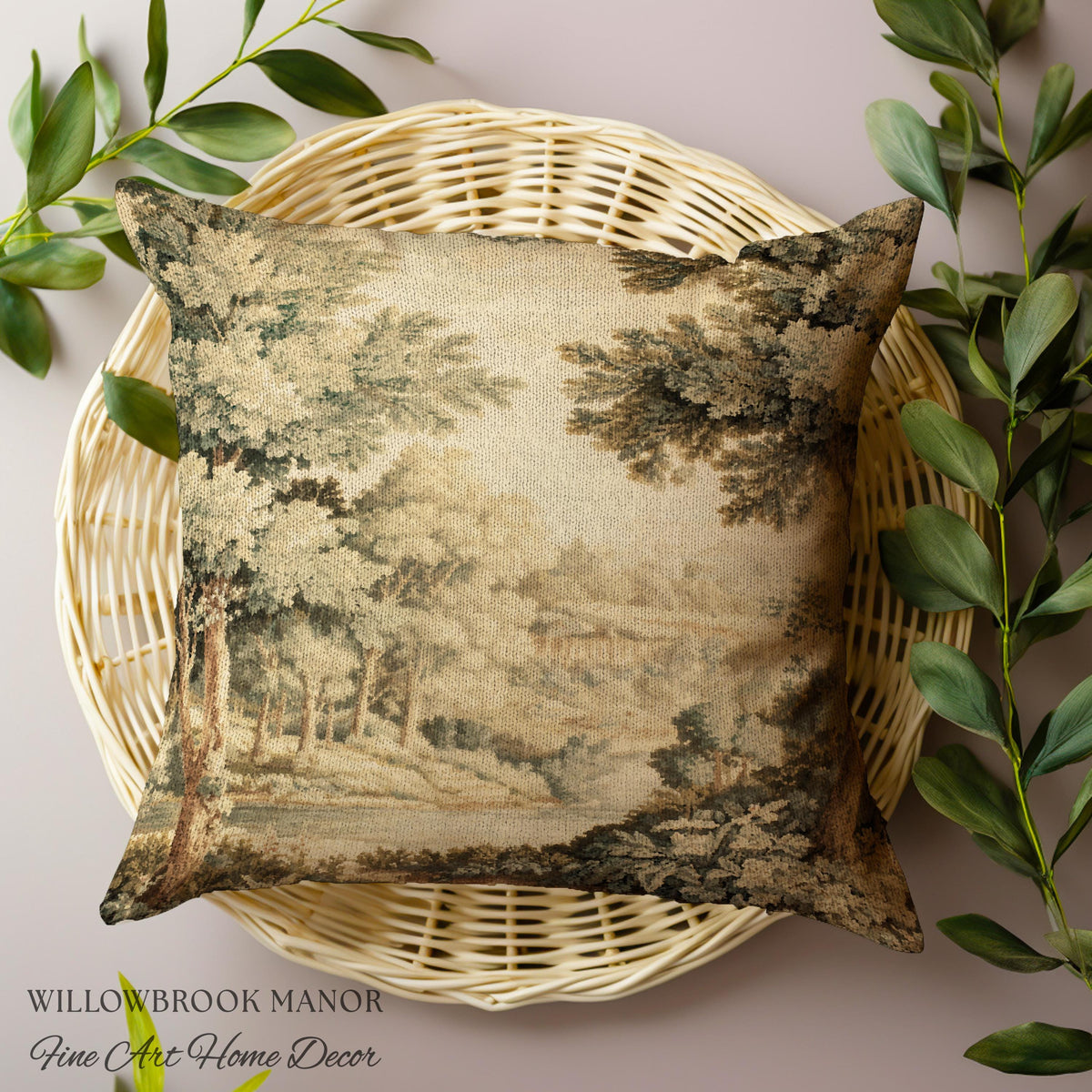 Soft Nature Tapestry Pillow Pastoral Woven Cushion Riverbank Scene 18th Century Decor | Muted Green Landscape Scenic Verdure Art Home Accent