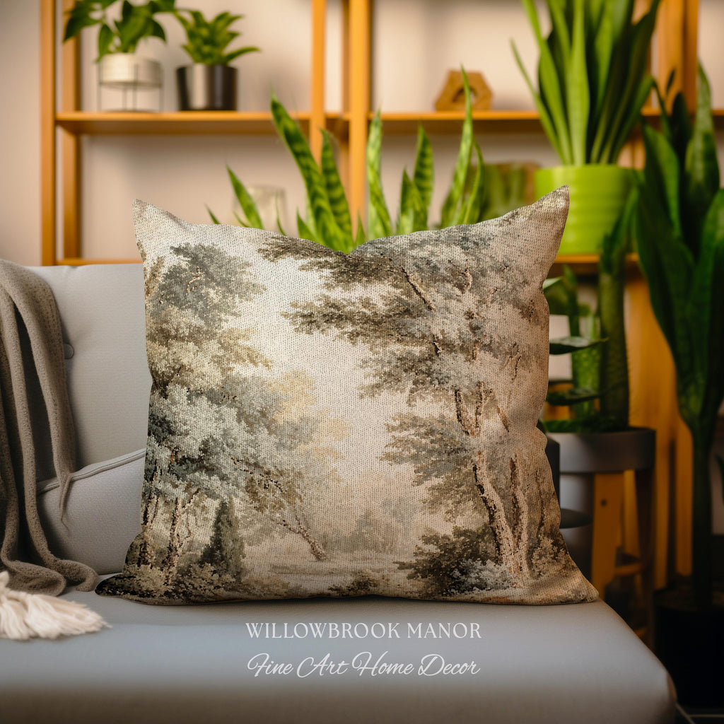 Old World Style Misty Woodland Decor Woven Tapestry Pillow | English Countryside Cushion Peaceful Nature Neutral Forest Art Elegant Accent