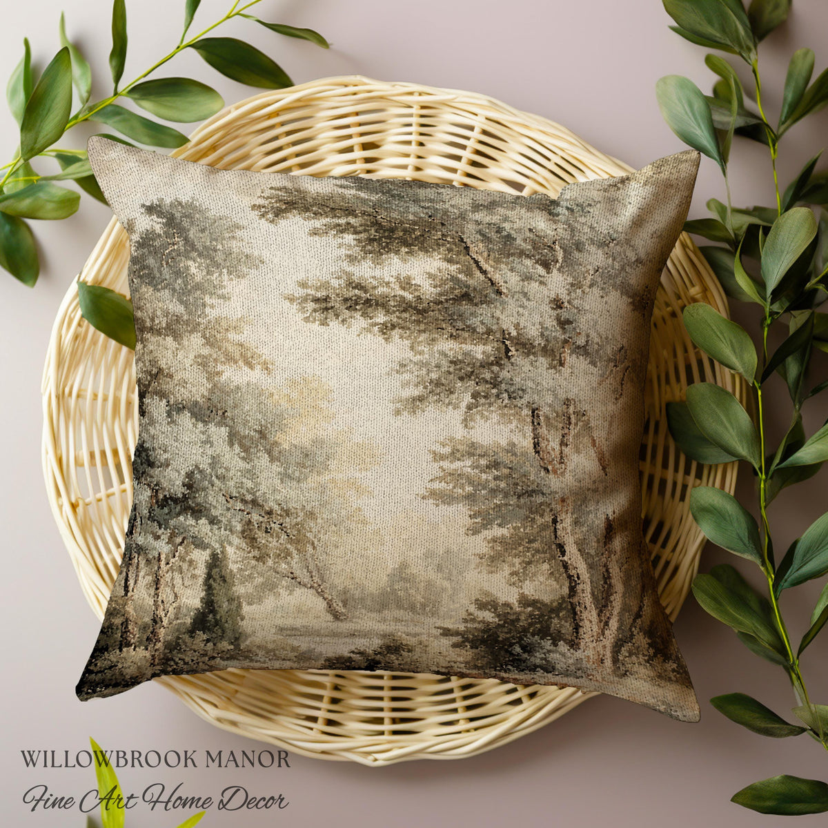 Old World Style Misty Woodland Decor Woven Tapestry Pillow | English Countryside Cushion Peaceful Nature Neutral Forest Art Elegant Accent