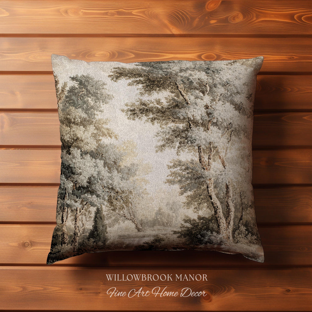 Old World Style Misty Woodland Decor Woven Tapestry Pillow | English Countryside Cushion Peaceful Nature Neutral Forest Art Elegant Accent