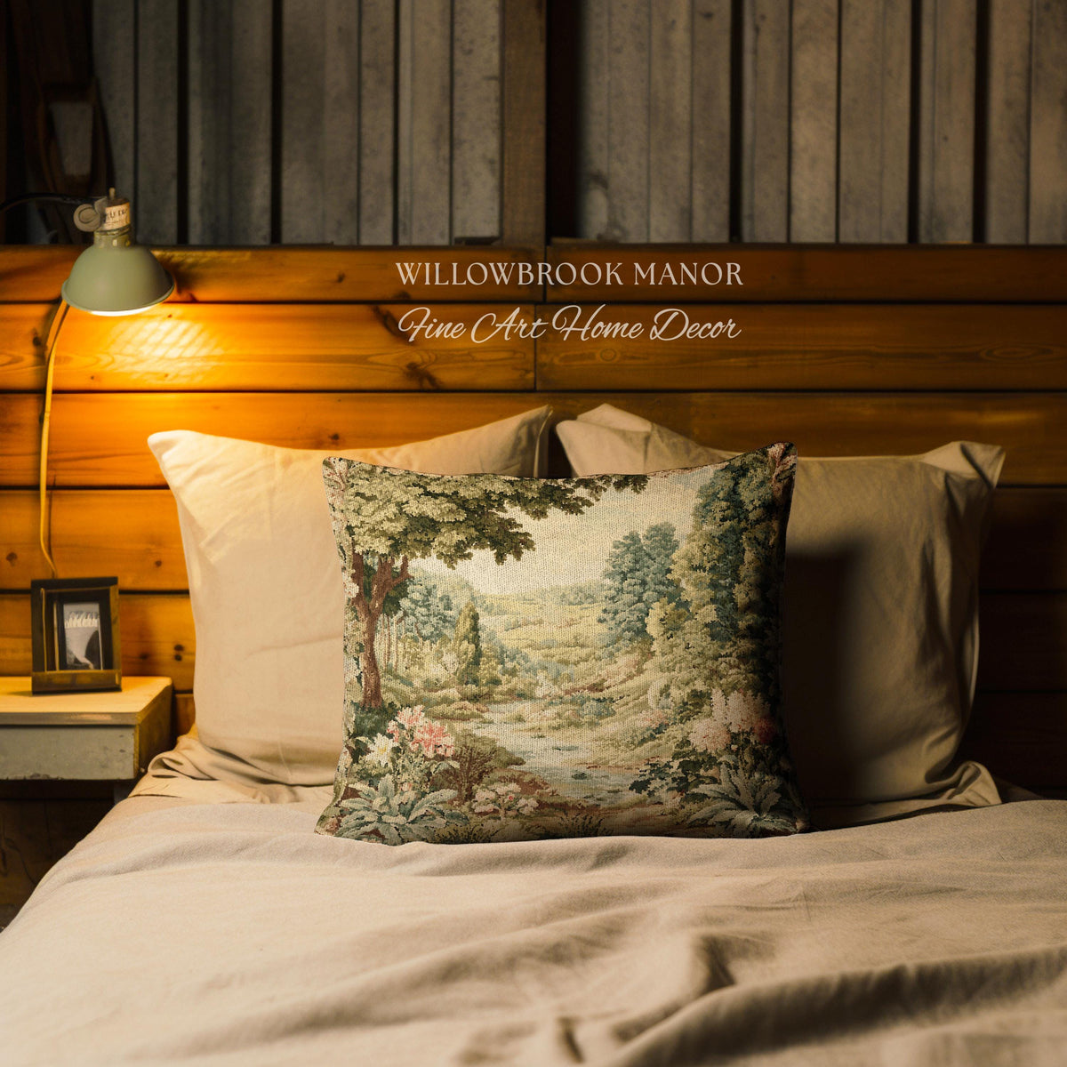 Floral Landscape French Verdure Aubusson Tapestry Pillow, Old World European Country Manor Art Mountain Meadow Riverbank Scene Woven Cushion