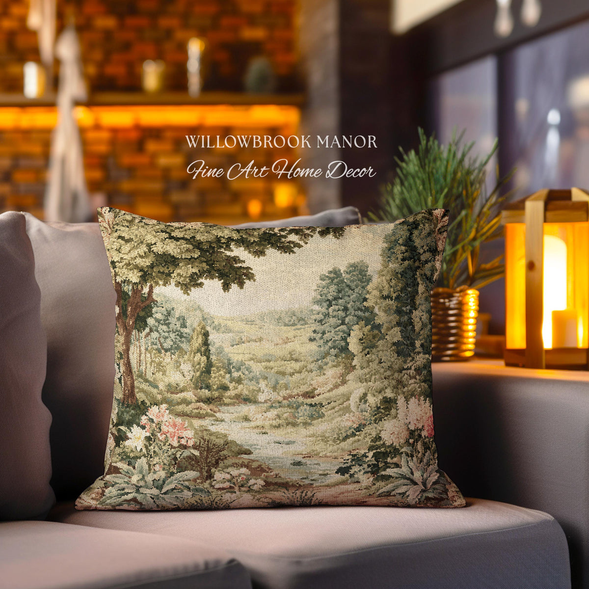 Floral Landscape French Verdure Aubusson Tapestry Pillow, Old World European Country Manor Art Mountain Meadow Riverbank Scene Woven Cushion