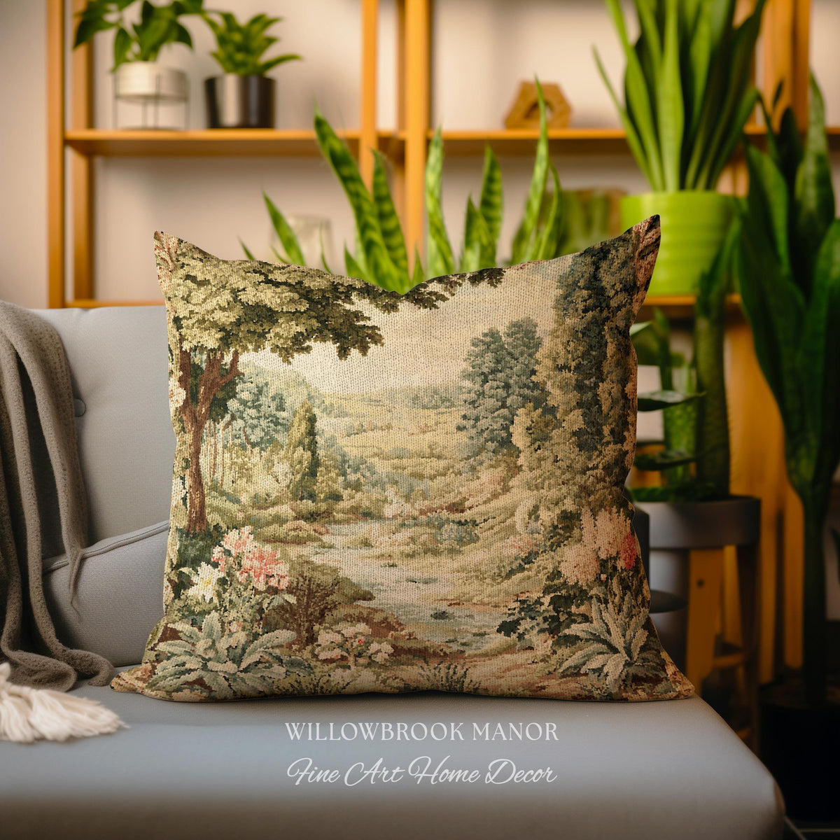Floral Landscape French Verdure Aubusson Tapestry Pillow, Old World European Country Manor Art Mountain Meadow Riverbank Scene Woven Cushion