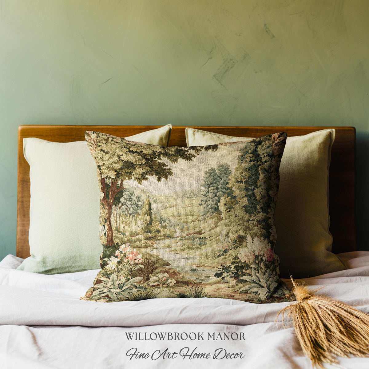 Floral Landscape French Verdure Aubusson Tapestry Pillow, Old World European Country Manor Art Mountain Meadow Riverbank Scene Woven Cushion