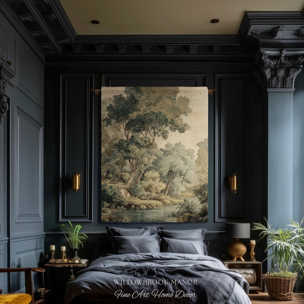 May include: A bedroom with dark blue walls and trim, featuring a large tapestry depicting a landscape scene. The bed has gray bedding, and there are gold sconces and a nightstand. The text "WILLOWBROOK MANOR Fine Art Home Decor" is at the bottom.