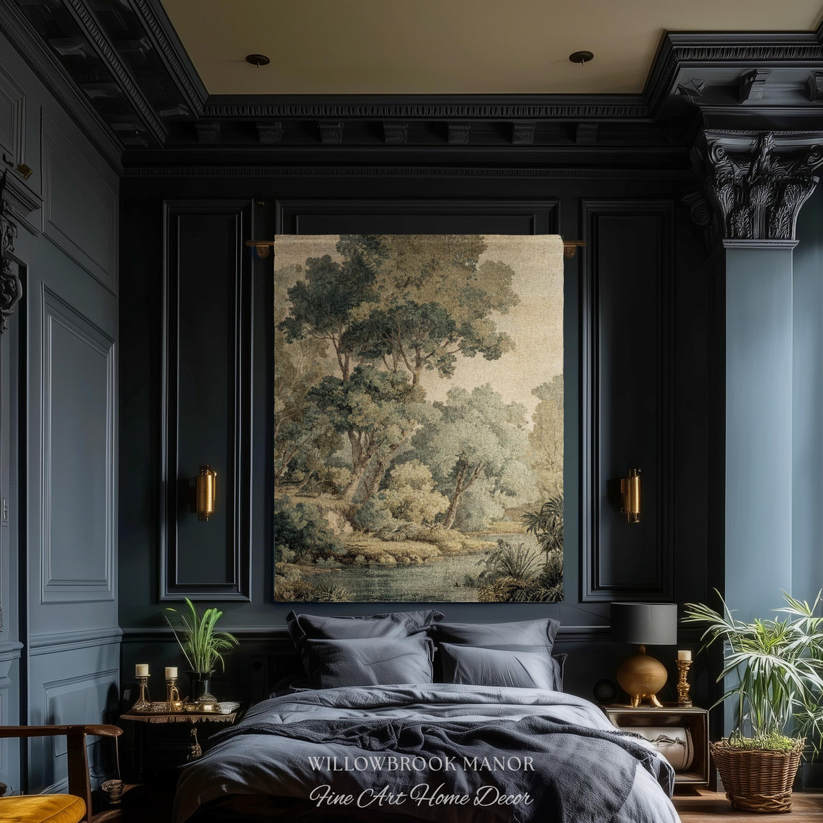 May include: A bedroom with dark blue walls and trim, featuring a large tapestry depicting a landscape scene. The bed has gray bedding, and there are gold sconces and a nightstand. The text "WILLOWBROOK MANOR Fine Art Home Decor" is at the bottom.