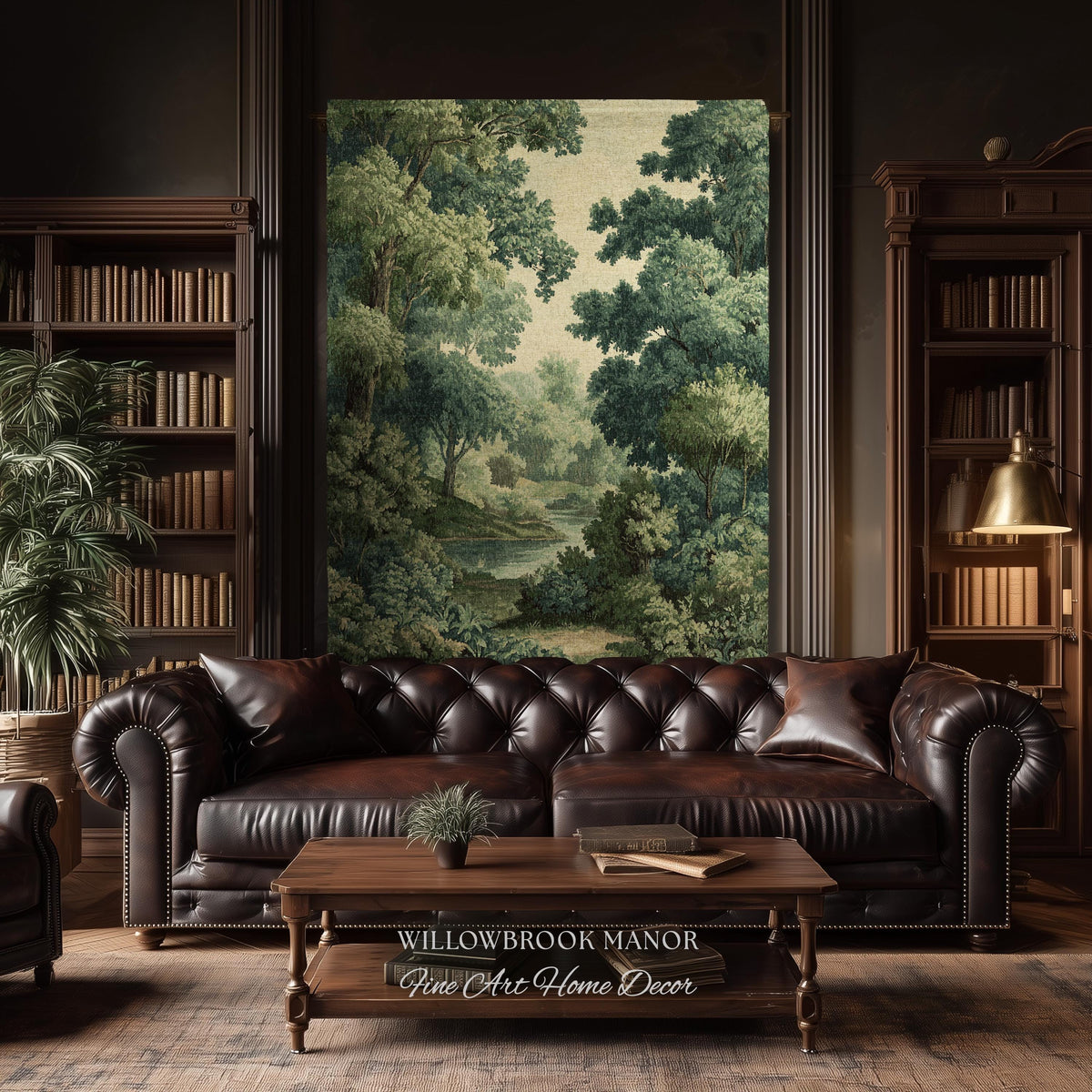 May include: A luxurious living room featuring a tufted brown leather sofa, a wooden coffee table, and a large framed landscape painting. Bookshelves flank the painting, and the text "WILLOWBROOK MANOR Fine Art Home Decor" is visible on the coffee table.