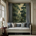 May include: A white loveseat with gray pillows and a forest mural backdrop. The scene includes a round side table with a lamp and gray curtains. The text "WILLOWBROOK MANOR Fine Art Home Decor" is at the bottom.