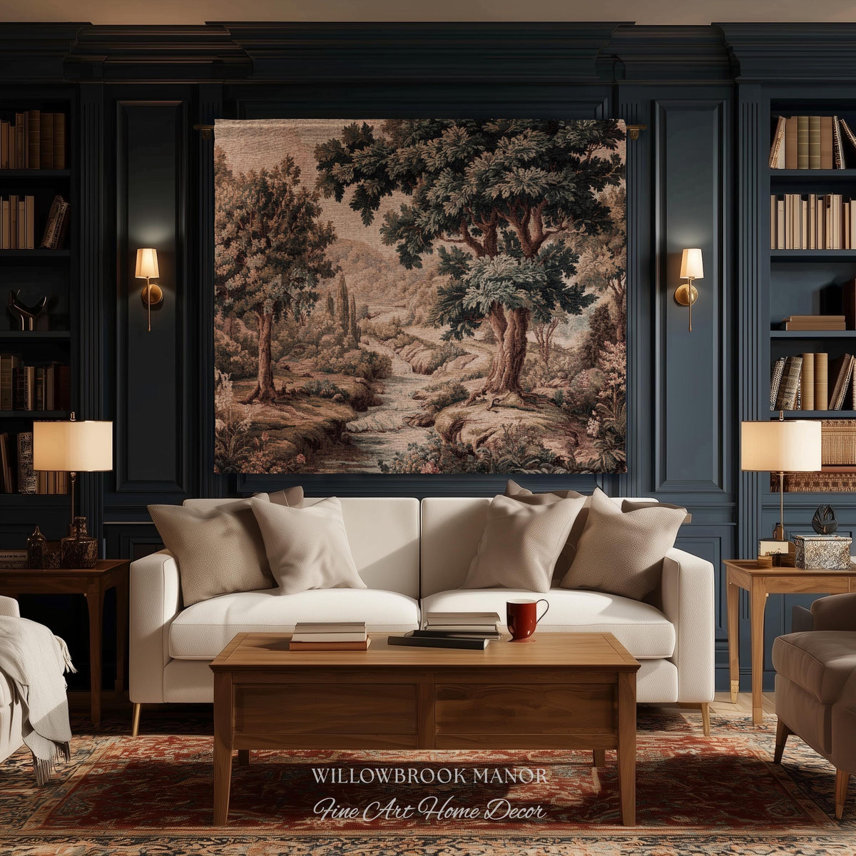 May include: A living room scene with a white sofa, wooden coffee table, and a large tapestry depicting a landscape. The room features dark blue walls, bookshelves, and a patterned rug. The text "WILLOWBROOK MANOR Fine Art Home Decor" is visible.