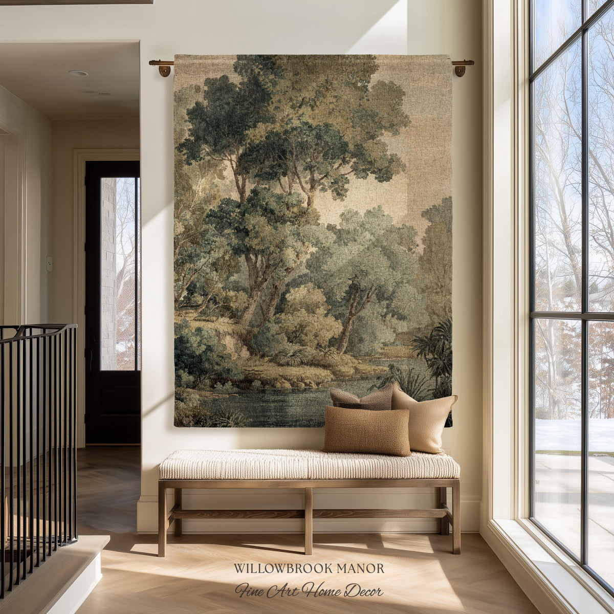 May include: A large tapestry depicting a serene landscape with trees, a body of water, and a muted color palette of greens, browns, and beige. The tapestry hangs above a bench with neutral-toned cushions. The text "WILLOWBROOK MANOR Fine Art Home Decor" is at the bottom.