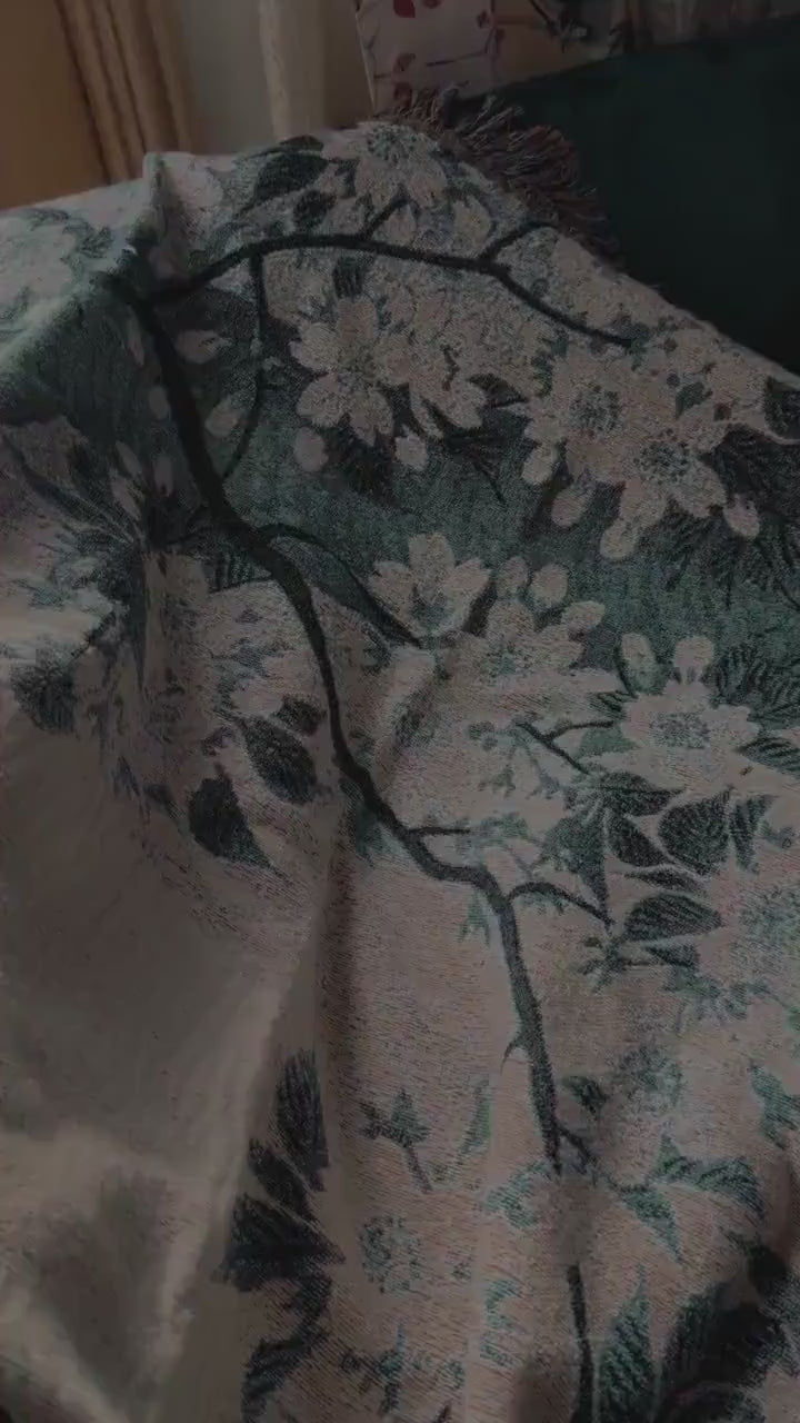 English Woodland Foggy Forest Woven Fringe Blanket Misty River Tapestry | European Wall Art Nature Scene Romantic Cottage Jacquard Throw